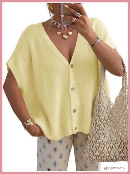Sweaters - Womens Oversized Cardigan Short Sleeve V-Neck Button Down Batwing Lightweight
